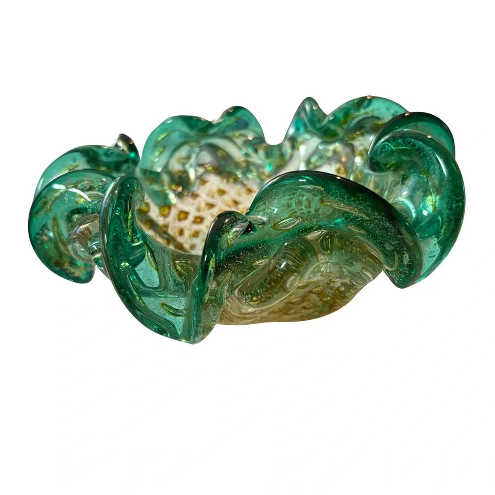 Murano • Mid-Century Bullicante Green Art Glass Bowl‎